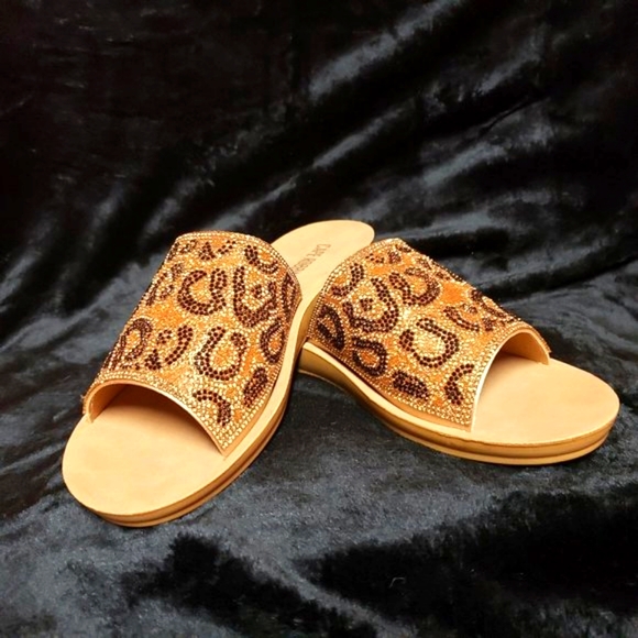 Leopard Rhinestone Slide Sandals Flats Mules Clog - Picture 1 of 4